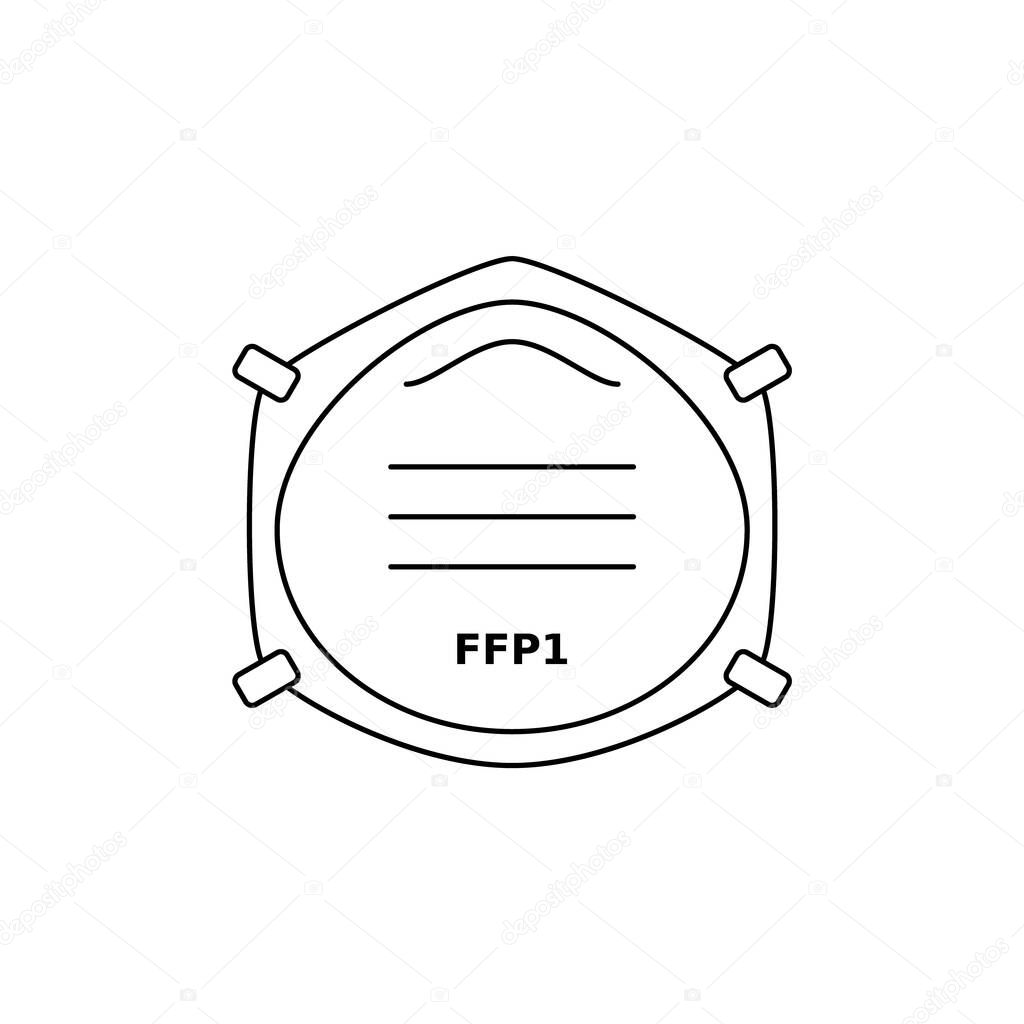 FFP1 respirator face mask line icon. Corona virus or dust protection. Black outline on white background. Respiratory protective device, filtration of airborne particles. Vector illustration, clip art