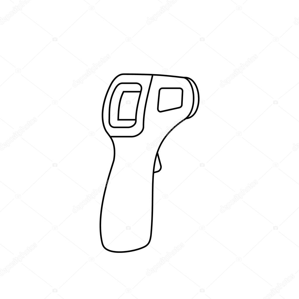 No touch thermometer line icon. Contactless infrared device for body temperature detection. Black outline on white background. Laser forehead thermometer. Fever. Vector illustration, flat, clip art.