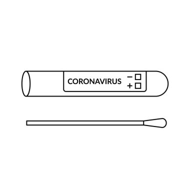 Coronavirus çubuğu test tüpü çizgi simgesinde. Covid 19 teşhisi için boş test örneği. Burun veya tükürük için pamuk çubuğu. Beyaz arka planda siyah bir taslak. Vektör illüstrasyonu, düz biçim, klip sanatı