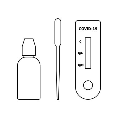 Coronavirus bir adım test kiti tespit etti. Hızlı Covid 19 teşhis çizgisi simgesi. Büyük nüfus testleri. Hızlı bir antikor tespit testi. Beyaz arka planda siyah bir taslak. Vektör, düz, klip sanatı