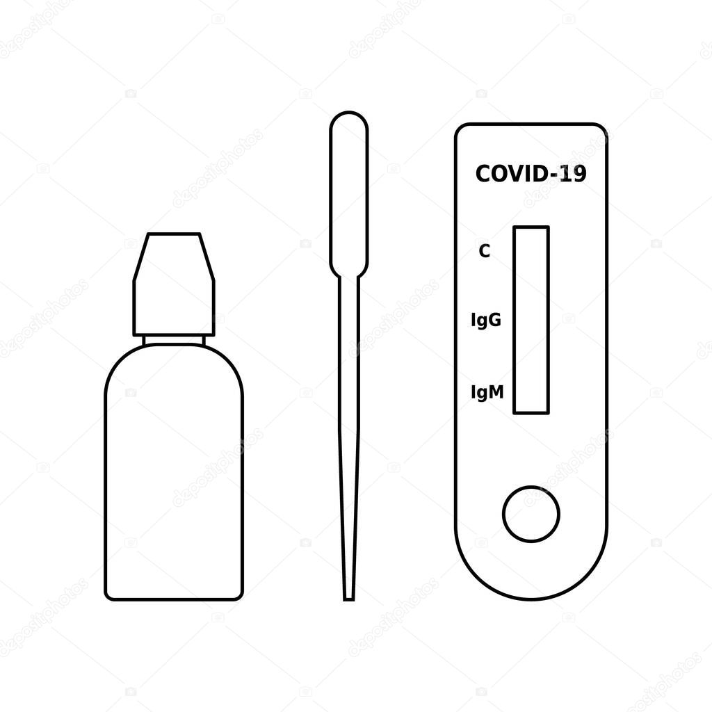 Coronavirus detection one step test kit. Fast Covid 19 diagnostic test line icon. Massive testing of population. Quick antibody detection test. Black outline on white background. Vector, flat,clip art