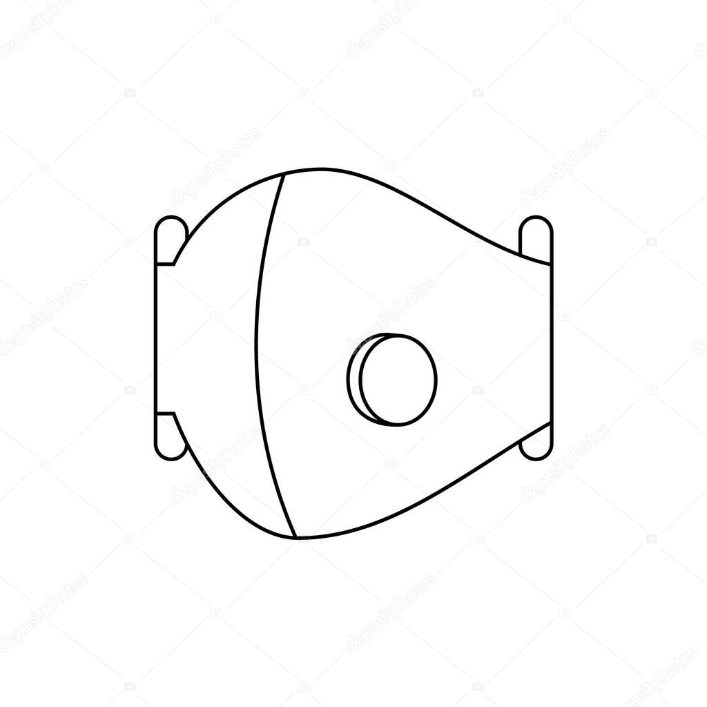 Medical mask with a valve. N95, FFP2 protective mask. Black outline on white background line icon. Dust protection respirator. COVID-19 safety equipment. Vector illustration, flat style, clip art.