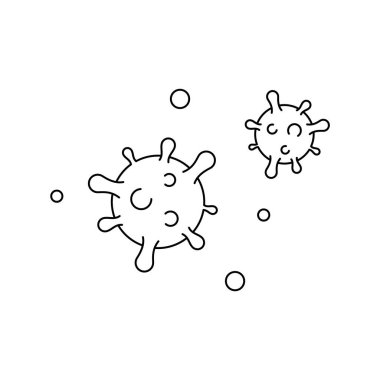 Coronavirus çizgi simgesi. İki mikroorganizma çevresi. Covid-19 salgınıyla mücadele. Beyaz arkaplanda fotokopi alanı olan siyah çizgiler. Corona virüs enfeksiyonu sembolü. Vektör illüstrasyonu, klip sanatı.