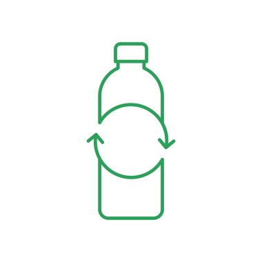 Plastik şişe geri dönüşümü tabelası. Çember okları olan boş bir şişe. İnce çizgi simgesi. Beyaz arka planda yeşil çizgi. Plastik kirlilik farkındalığı. Dayanıklılık. Vektör illüstrasyonu, düz biçim, klip sanatı