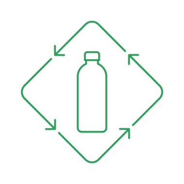 Plastik veya cam şişe geri dönüşümü tabelası. Dikdörtgen şeklinde yeşil bir şişe ve oklar. Sürdürülebilir yaşam tarzı konsepti. İnce çizgi simgesi. Beyaz arka planda yeşil çizgi. Vektör illüstrasyonu, düz, klip sanatı