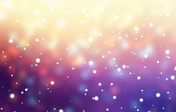 Snowfall in front of garland glare background. Yellow, pink, purple blurred texture. Christmas shine empty backdrop. New Year magic night. Snow decoration.