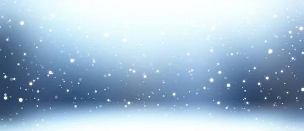 Snowfall blue banner 3d illustration. Empty winter abstract background. Blurred texture. Snowy room.