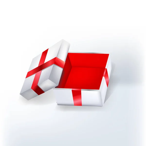 Kırmızı kurdele ve kırmızı duvarların içine açık boş beyaz hediye kutusu. 