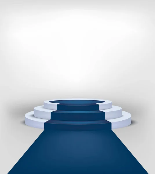 Mavi halı ve üç sahne ile podyum manzara. 