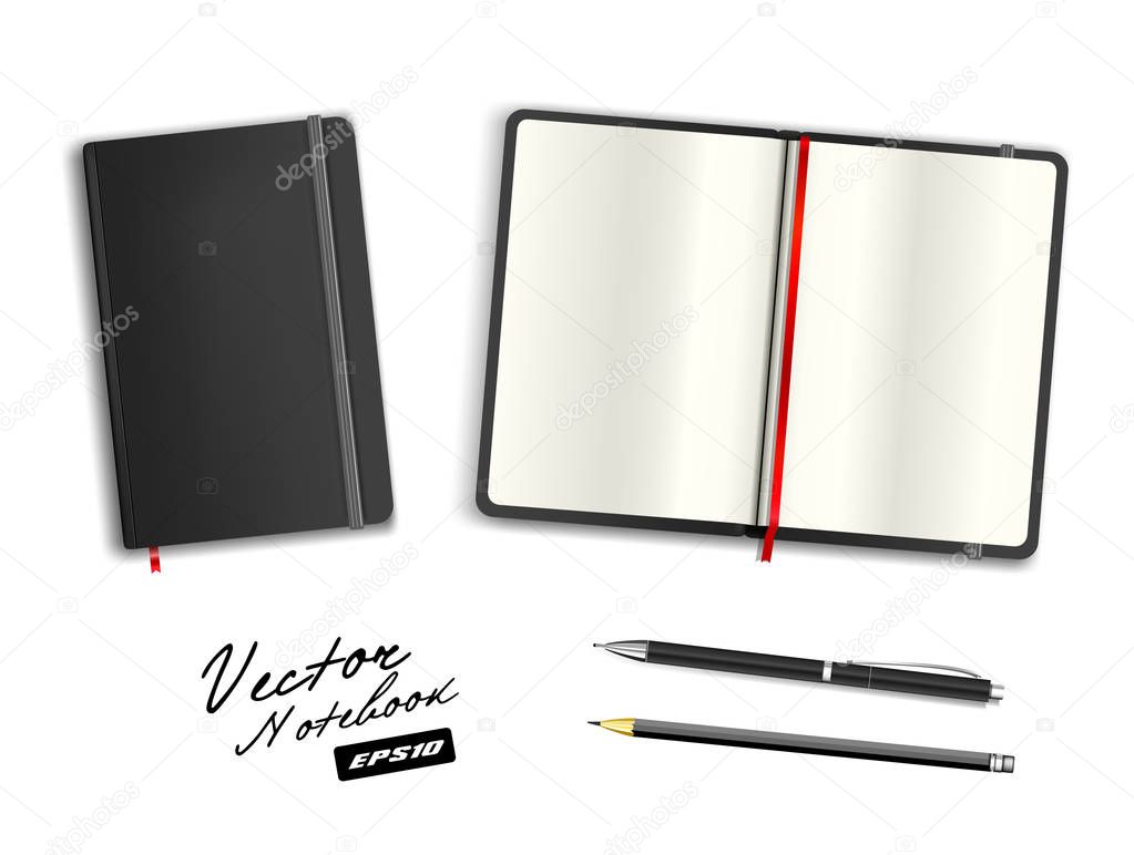 set of vector stationery red copybook  pen and pencil