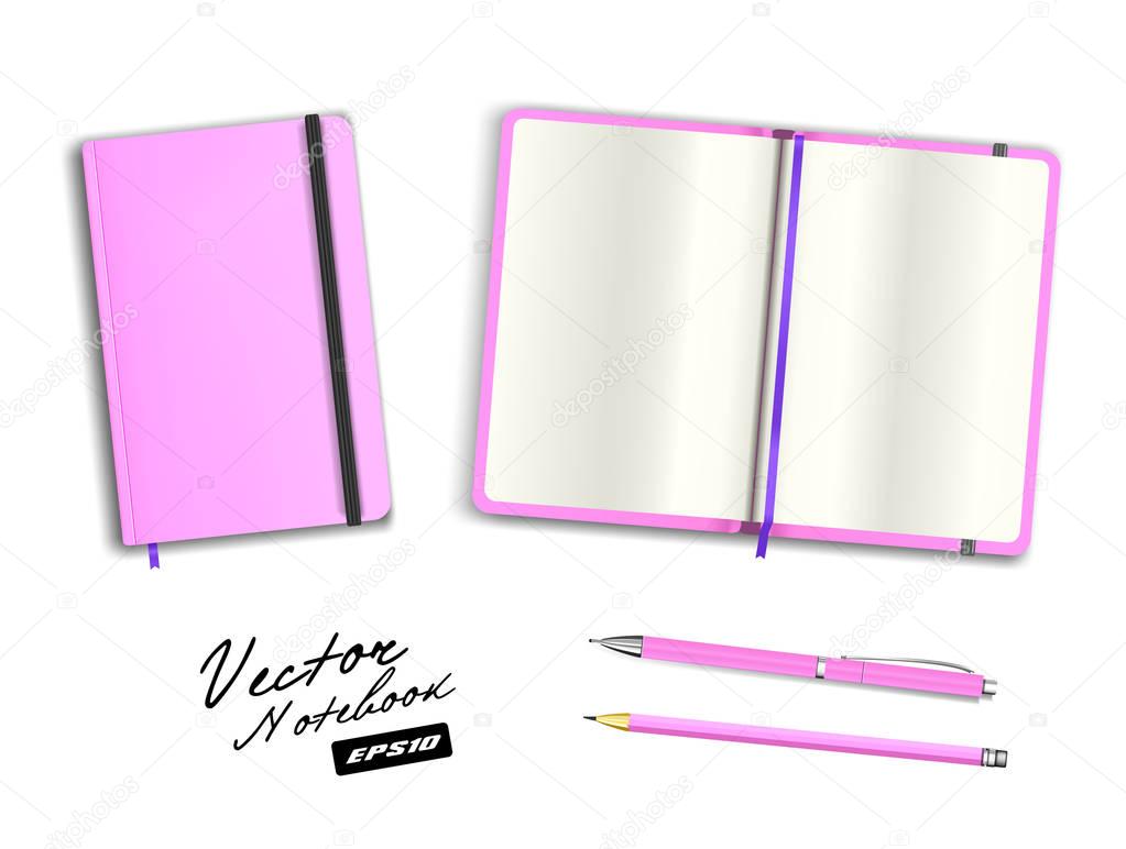 set of vector stationery pink copybook  pen and pencil