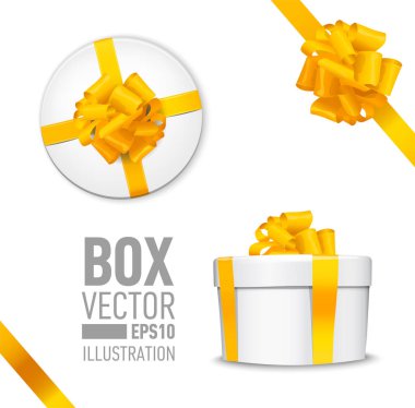 Şerit ve parlak sarı güzel kıvırcık yayla beyaz yuvarlak hediye kutusu.