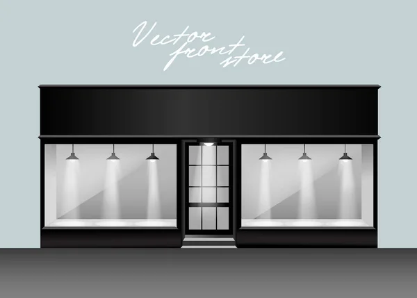Dükkanı vitrin ve giriş ahşap kapı. Parlak ışık. Siyah renk ve beyaz vektör cam mağazası 