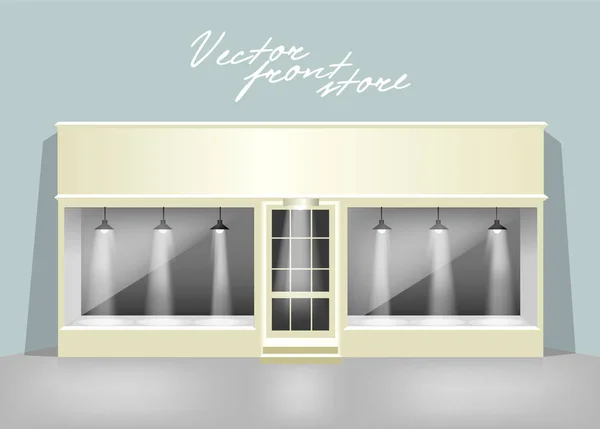 Dükkanı vitrin ve giriş ahşap kapı. Parlak ışık. Krem renk ve beyaz vektör cam mağazası 