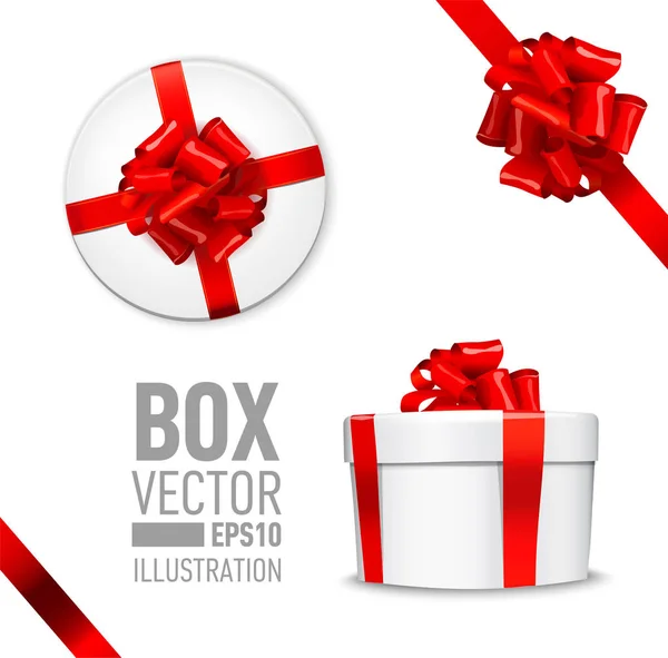 Şerit ve parlak kırmızı güzel kıvırcık yayla beyaz yuvarlak hediye kutusu. 