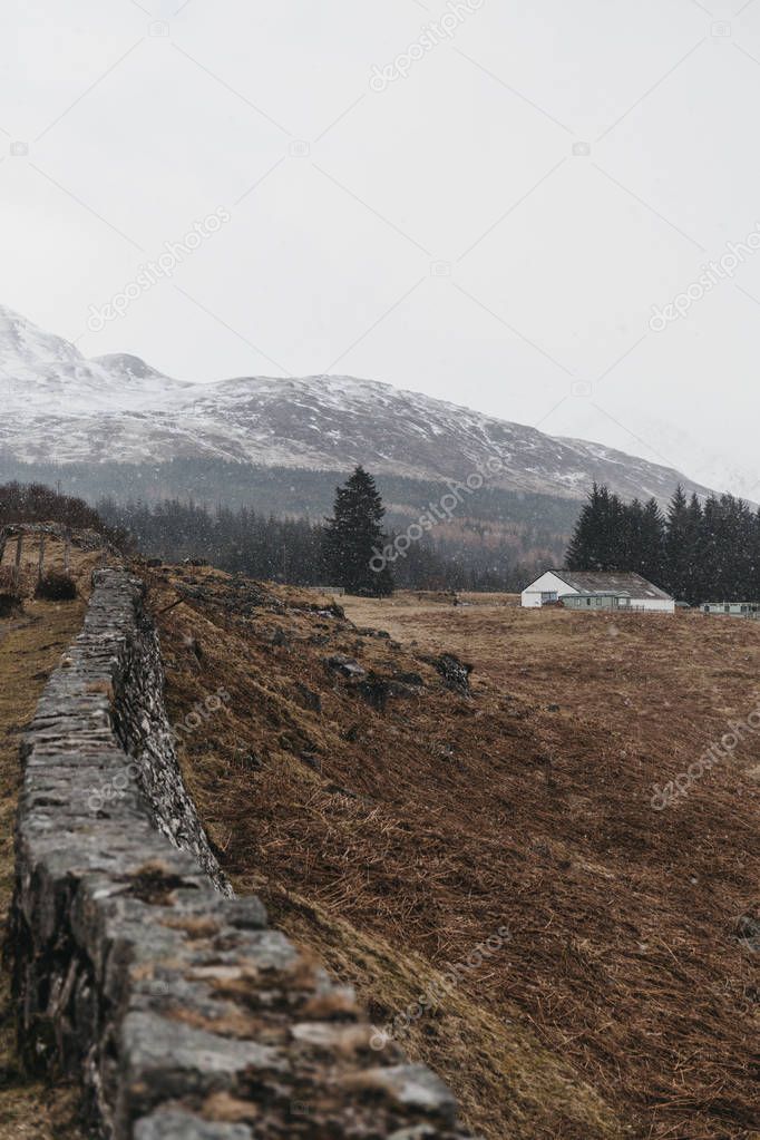 View of Scottish Highlands and River Spean near Fort William, Scotland, on a cold spring day.