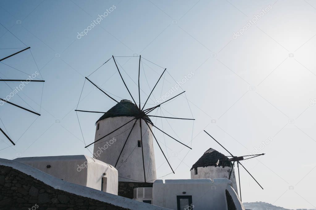 Traditional Greek windmills in Hora (Mykonos Town), Mykonos, Gre