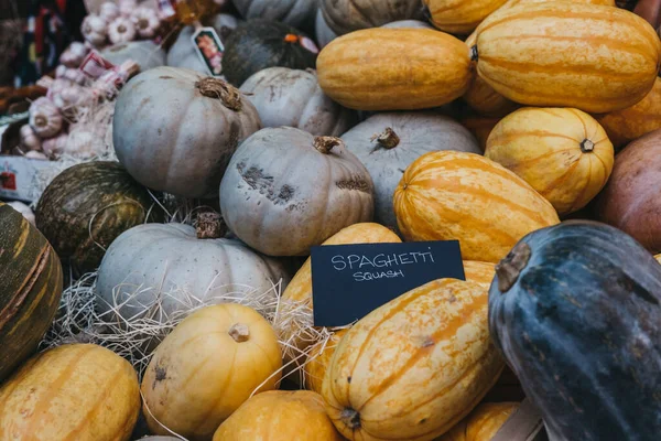 Spaghetti squash and pumpkins on sale at a food market, selective focus.