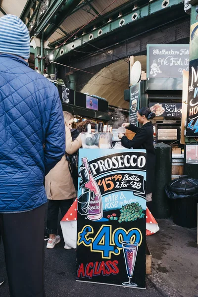 Londen Verenigd Koninkrijk November 2019 Processco Bord Drankkraam Borough Market — Stockfoto