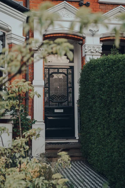 Porta Madeira Vidro Manchado Preto Uma Casa Eduardiana Tradicional Londres — Fotografia de Stock