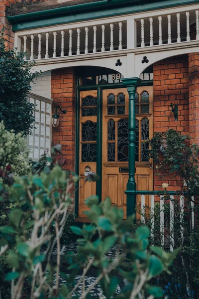 London April 2020 Stained Glass Wooden Front Door Edwardian House — Stock Photo, Image