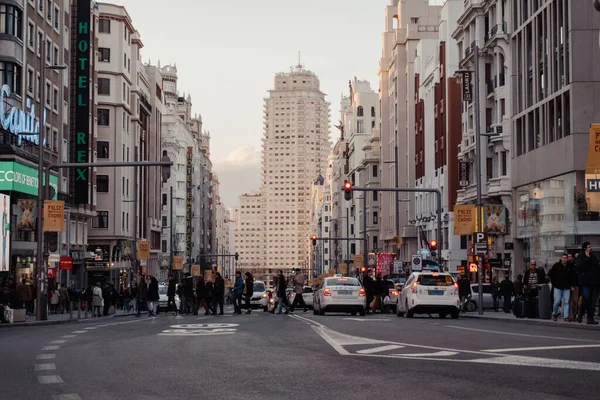 Madrid Spain January 2020 Cars Taxis People Gran Major Street — Stock Photo, Image