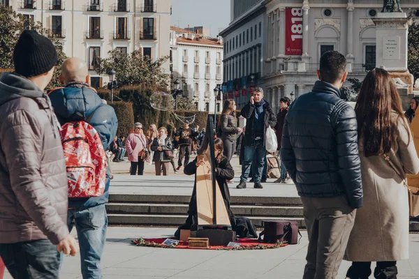 Madrid, İspanya - 26 Ocak 2020: İspanya 'nın başkenti Madrid' deki Plaza de Oriente 'de arp çalan genç adam, Avrupa sanatının zengin depolarıyla tanınıyor..