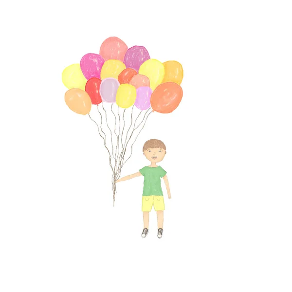 Мальчик с воздушными шарами на белом фоне — стоковое фото