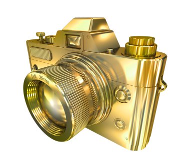 Beyaz zemin üzerine altın retro fotoğraf makinesi
