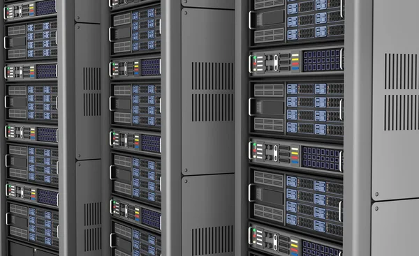 Riga di server di rete in data center isolati su sfondo bianco. Illustrazione 3D — Foto Stock