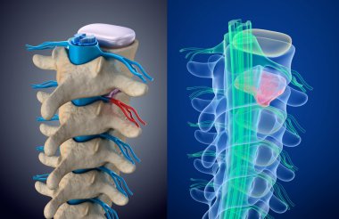 Spinal kord şişkin disk baskısı altında. Xray görünümü. Tıbben doğru 3d çizim  