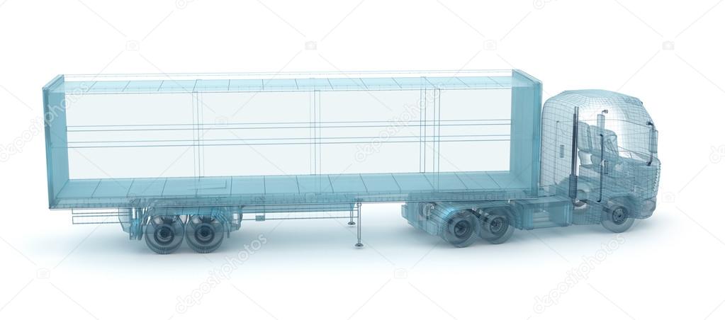 Truck with cargo container, wire model. My own design, 3D illustration