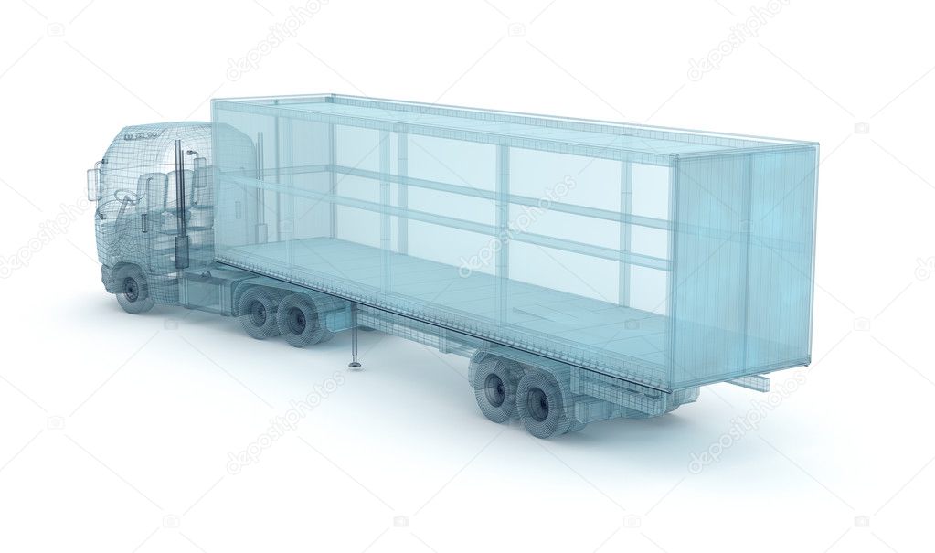 Truck with cargo container, wire model. My own design, 3D illustration