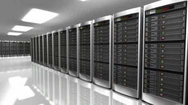 Modern iç sunucu odası datacenter 3d animasyon.