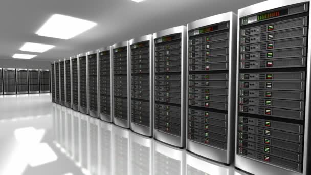 Moderno interno della sala server in datacenter animazione 3d . — Video Stock