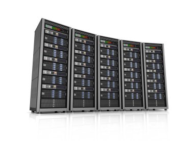 Satır veri alanındaki ağ sunucuları üzerinde izole beyaz arka plan ortalayın. 3D çizim