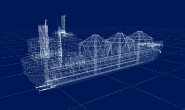 Petrol tankeri gemi tel modeli üzerinde beyaz izole. Kendi tasarımı. 3D çizim.