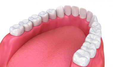 Ağzına sakız ve dişler. Tıbben doğru diş 3d çizim  