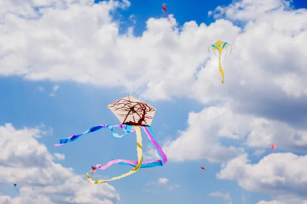 Papagaio Voando Céu Entre Nuvens Uma Corda Realizada Por Homem — Fotografia de Stock