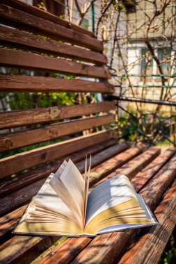 Onu açık kitap üzerinde yatarken ile ahşap Bank