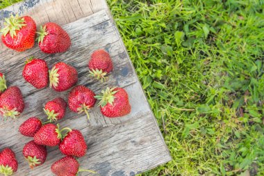 Büyük olgun çilek üstten görünüm bir vintage ahşap tahta üzerinde