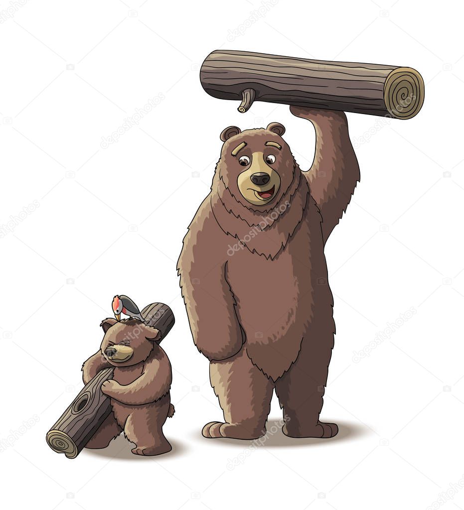 Brown bear and cub bear carry wood