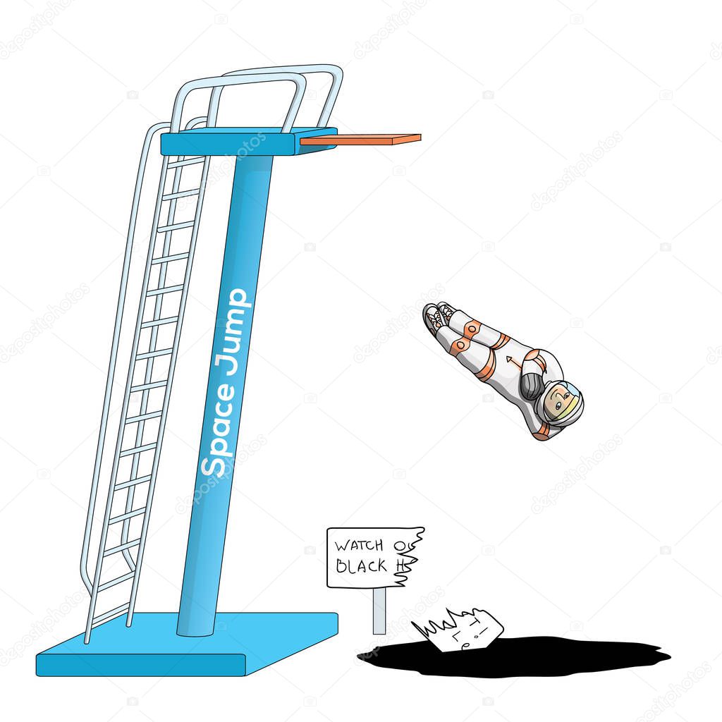 Astronaut in spacesuit, jumping from a diving board