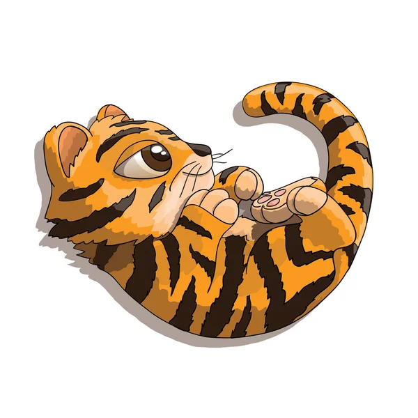 Tiger filhote personagem de desenho animado jogando com sua cauda —  Vetores de Stock