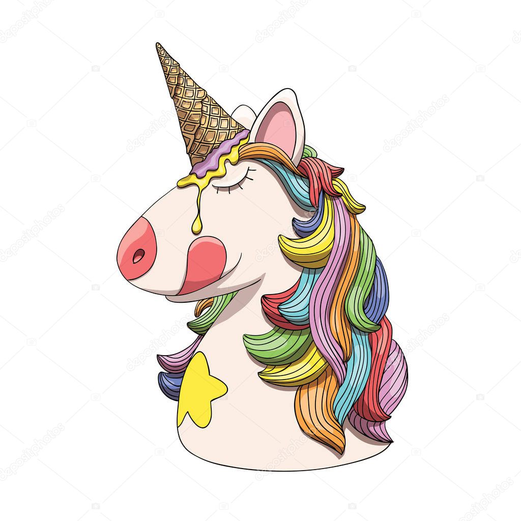 Unicorn character head portrait with rainbow hair and ice cream cone horn