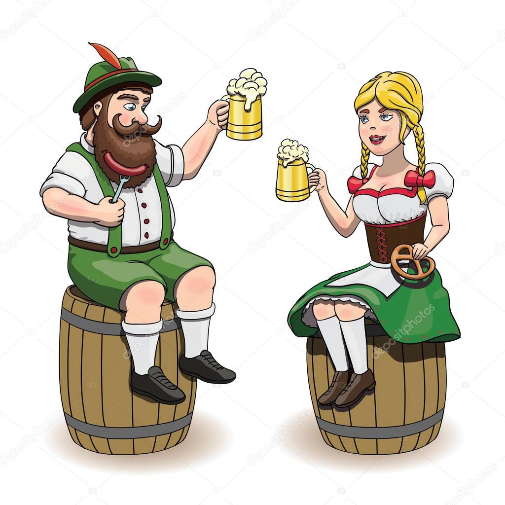 Cartoon Bavarian man and woman with beer, sausage and pretzel. Oktoberfest illustration