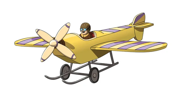 Cartoon-Retro-Pilot in seinem lila-gelben Flugzeug. eps-10 Vektorformat — Stockvektor