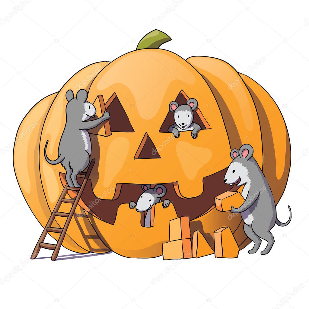 Cute mice characters prepare for Halloween. Sly gray mouse, rat, pumpkin. Isolated on white background. Vector illustration