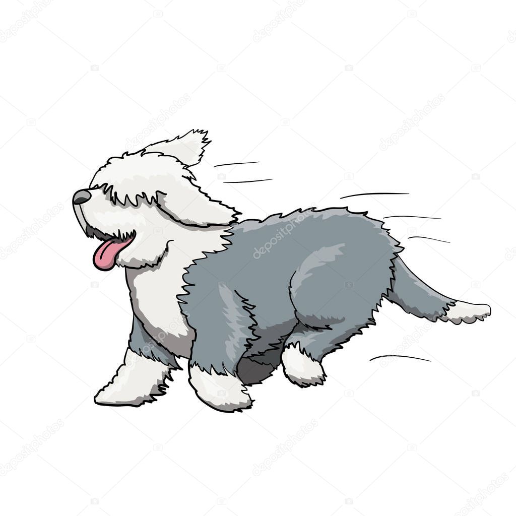 Bobtail Furry English Dog Cartoon Character Running. Vector Illustration