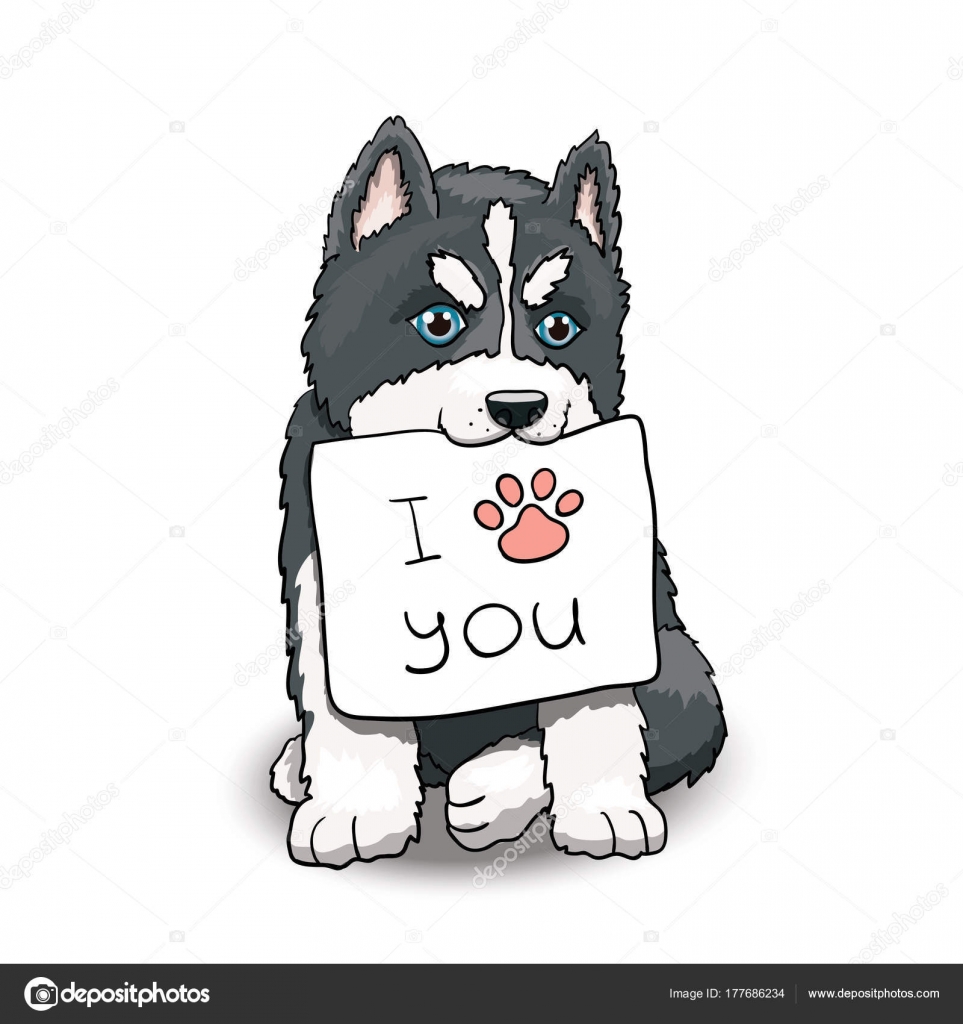 Husky Puppy Sitting Holding Love You Sign Cartoon Character Illustration  Stock Vector by ©illumylov 177686234